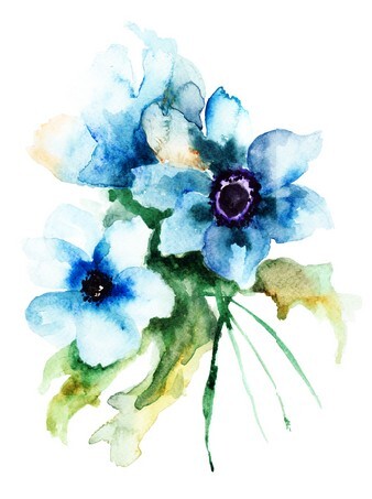 Summer blue flowers, watercolor illustration